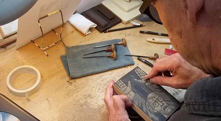 Harry Brockway creating an engraving block for Maigret