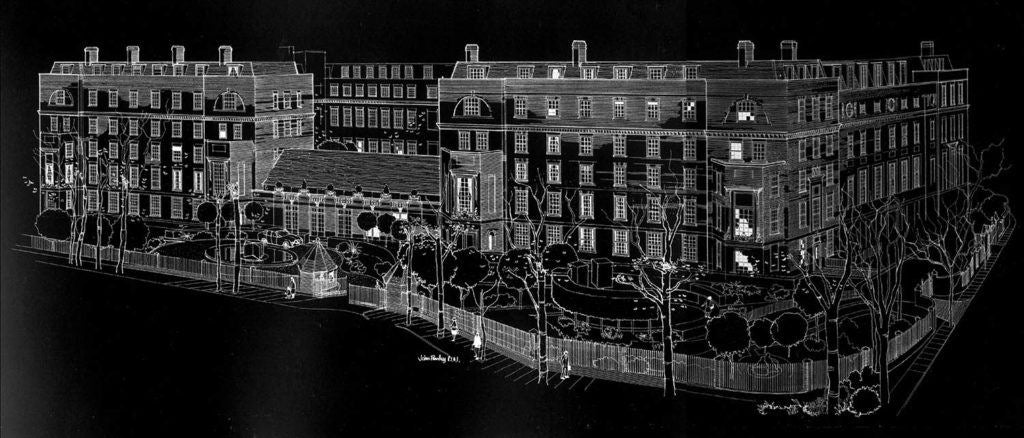 Aerial view drawn for etching in glass and side-lit at night adjacent to Holland Park