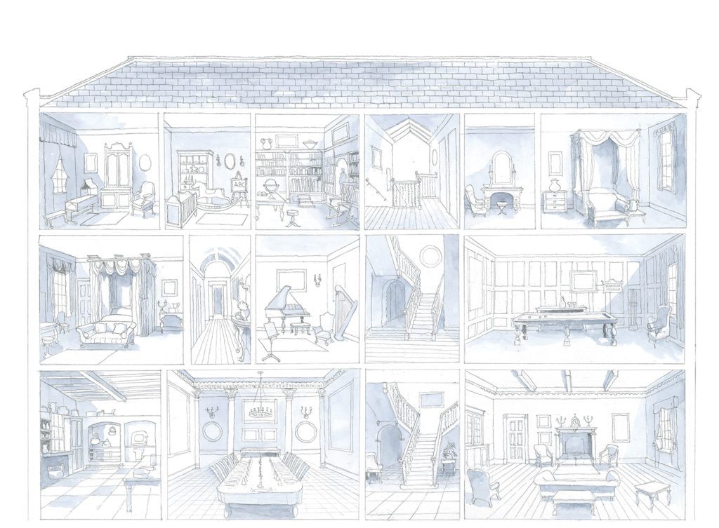 The final endpaper designs, showing the insides of a house