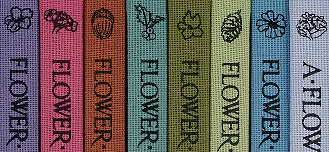 The book spines of the Complete Flower Fairies, The Folio Society 2020