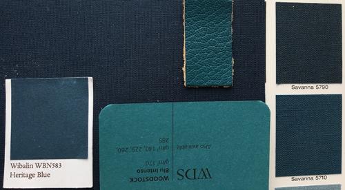 Various samples of blue cloth, leather and paper for book production