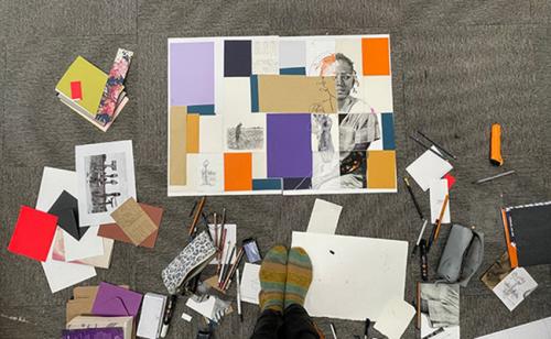 Image of Lela Harris putting together the binding design for the Folio edition of The Color Purple